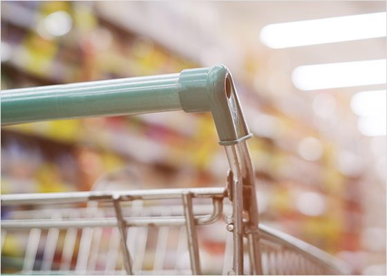 Grocery cart in a store with bright lights.